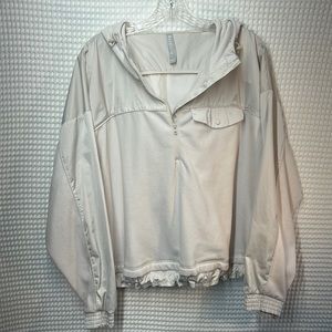 Athleta Hooded Sweatshirt Large, fleece with satin details.